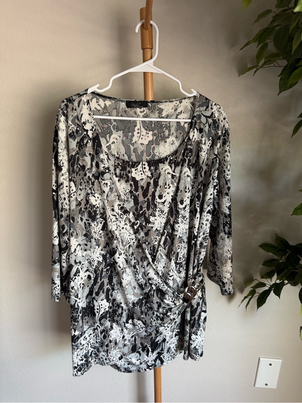 Rachel Rachel Black & Gray Patterned Wrap-Style Long Blouse 3/4 Sleeve Size XL